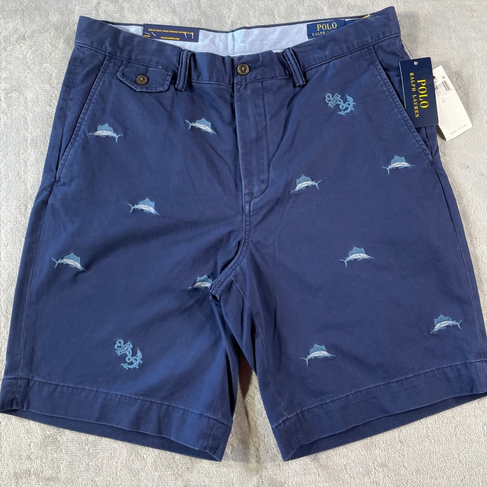 Polo Ralph Lauren Chino Shorts Men‎ 33 Blue Marlin Anchor Resort Beach Coastal